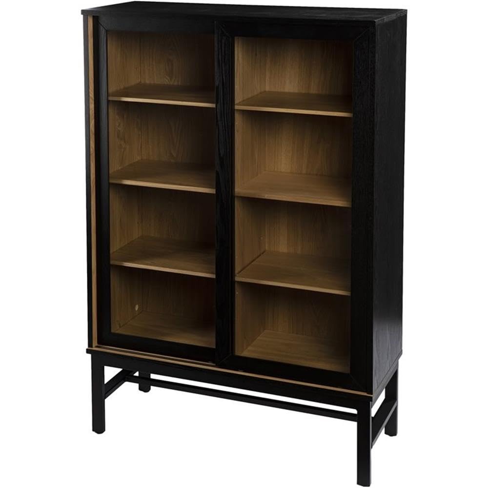 MAKLAINE Farmhouse Engineered Wooden Curio Cabinet in Black and Natural MAKLAINE
