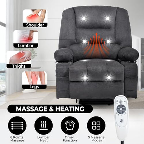 KCQ Overstuffed Electric Recliner Chairs for Adults with Cup Holder and USB Port, Fabric Power Lift Recliner Chair with Heat and Massage for Elderly Seniors, Grey KCQ