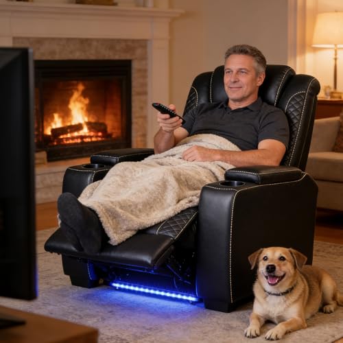 ANJ Power Recliner Home Theater Seating, PU Leather Electric Recliner Chair with Adjustable Headrest,Dual Motor Movie Reclining Chairs with Cup Holders LED Lights,USB Port,Hidden Arm Storage,Black