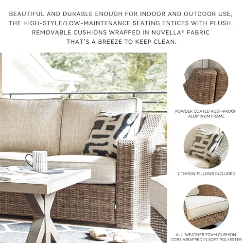 Signature Design by Ashley Beachcroft Casual Weather Resistant Resin Wicker Outdoor Loveseat with Cushion and 2 Accent Pillows, Dark Brown & Beige Signature Design by Ashley
