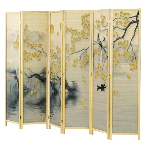 MyGift 6 Panel Large Bamboo Room Divider with Dual Sided Asian Birds Gingko Biloba Tree Sunset Design Print, 6FT Freestanding Artwork Privacy Partition Folding Screen with Beige Solid Wood Frame MyGift