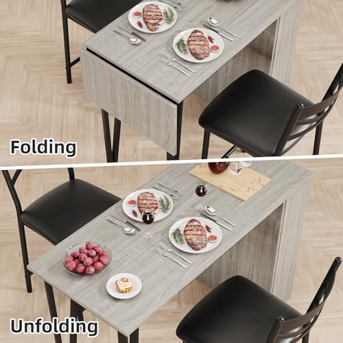 GarveeHome Extendable Bar Table Set for 2, 16 in Wide Cushions for Comfortable Seating, Bar Table and Chairs Set, Suitable for 2-4 People, Sturdy and Durable New Choice, Gray GarveeHome