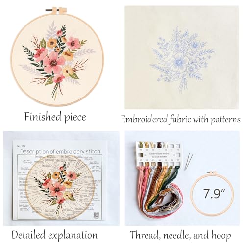 Silentsea Embroidery Kit, Floral and Nature Designs, with Hoops, Needlework Pattern Set (Flower)