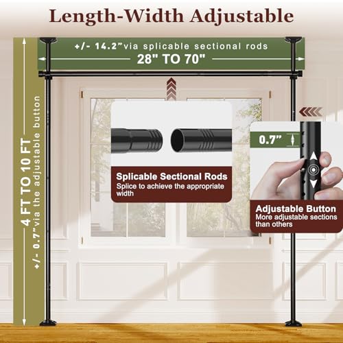 Goovilla Room Divider for Room Separation, Tension Curtain Rods No Drilling, 4-10ft(H) 28-70inch(W) Adjustable Temporary Privacy Wall Divider, Heavy Duty Freestanding Space Partition Separator, Black Goovilla