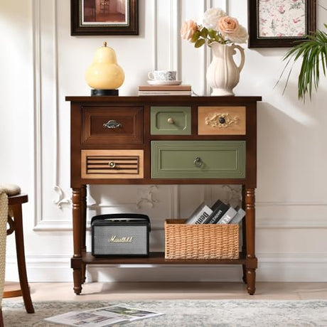 Ahokua Vintage Accent Cabinet with 5 Drawers and Open Shelf, Multi-Tone Console Table with Turned Wood Legs, Mid-Century Entryway Table for Hallway or Living Room Ahokua