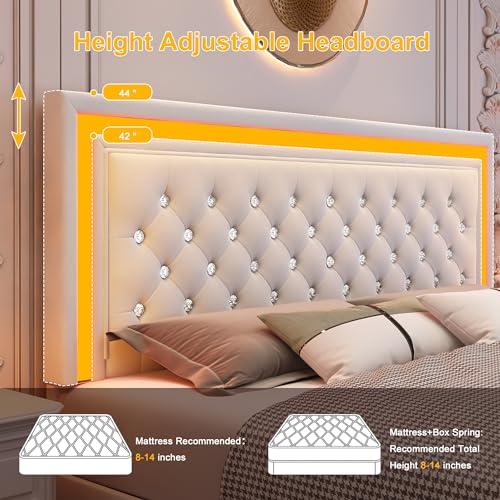 Cream Velvet Queen LED Bed Frame with 4 Storage Drawers and Adjustable Headboard Generic
