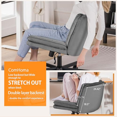 COMHOMA Cross Legged Office Chair with Wheels Armless-Office Desk Chair, Modern Vanity Computer Task Chairs for Home Bedroom, Comfortable Wide Seat for Lower Back Pain Relief, Soft Velvet, Gray COMHOMA