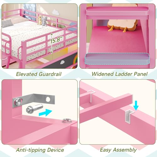 Dnxao Low Loft Bed Full Size with Desk,Full Bed Frame with 9 Storage Drawers, Kids Loft Bed with 15.8" H Safety Guardrail,Sofa,LED Lights & Charging Station,Spave Saving,Pink Dnxao