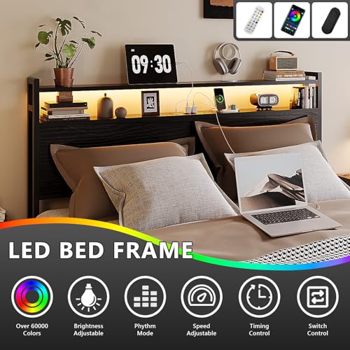 VINGLI Queen Platform Bed Frame with 4 Storage Drawers and Adjustable Headboard Shelf, Metal Bed with Charging Station and LED Lights, No Box Spring Needed, Noise Free, Easy Assembly, Black VINGLI