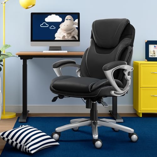 Serta Bryce Executive Office Chair, Ergonomic Computer DeskChairs with Patented AIR Lumbar Support, Comfy Body Pillows, Height Adjustable, Swivel Base with Wheels, Bonded Leather, Black Serta