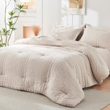 HYMOKEGE Beige Queen Comforter Set Seersucker 7 Pieces, All Season Luxury Bed in a Bag for Bedroom, Bedding Set with Comforters, Sheets, Pillowcases & Shams HYMOKEGE