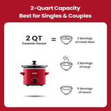 KOOC Small Slow Cooker, 2 Quart, Free Liners Included for Easy Clean-up, Upgraded Ceramic Pot, Adjustable Temp, Nutrient Loss Reduction, Stainless Steel, Red, Round KOOC