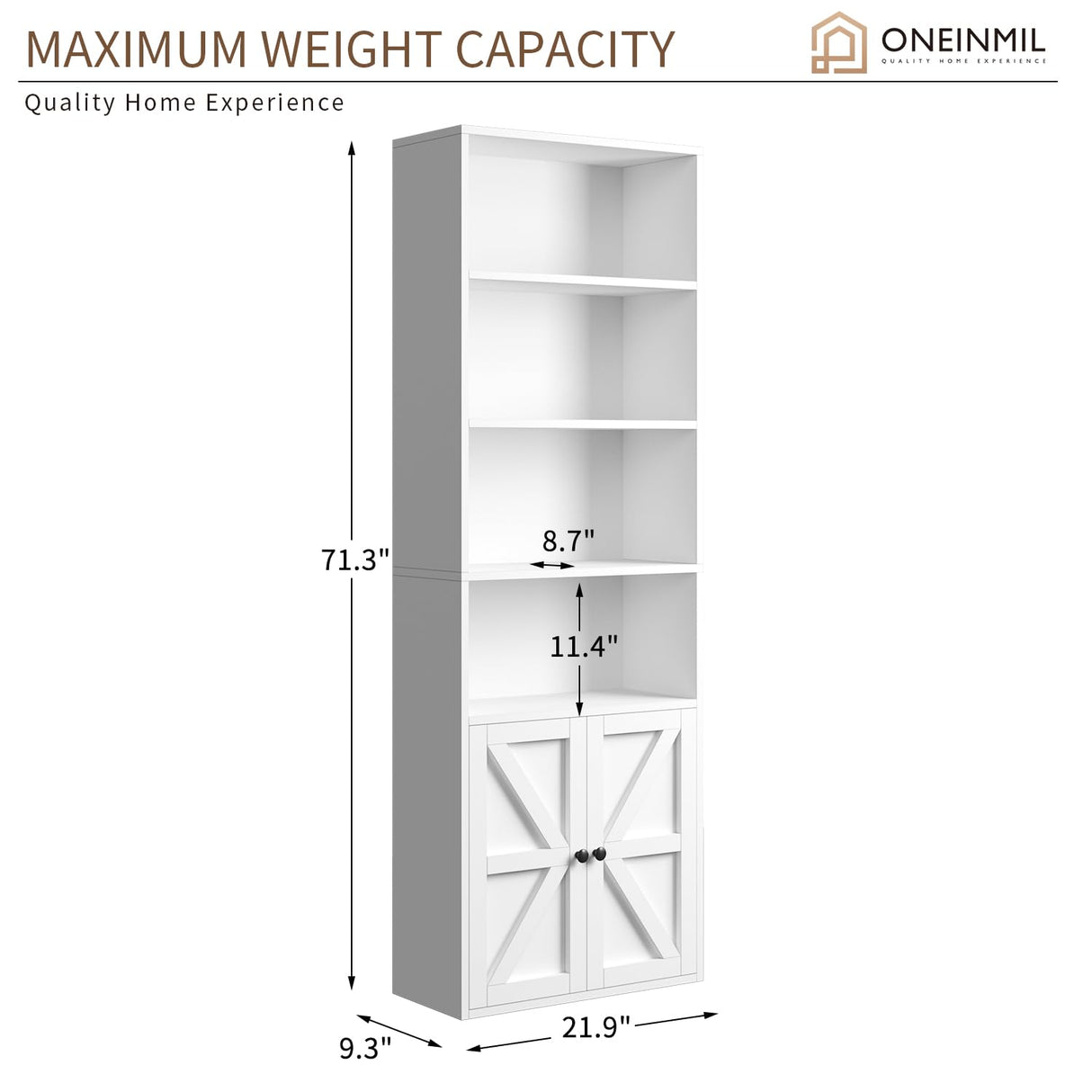 6-Tier White Wooden Bookshelf with Cabinet Doors - Versatile Storage Solution for Home and Office oneinmil