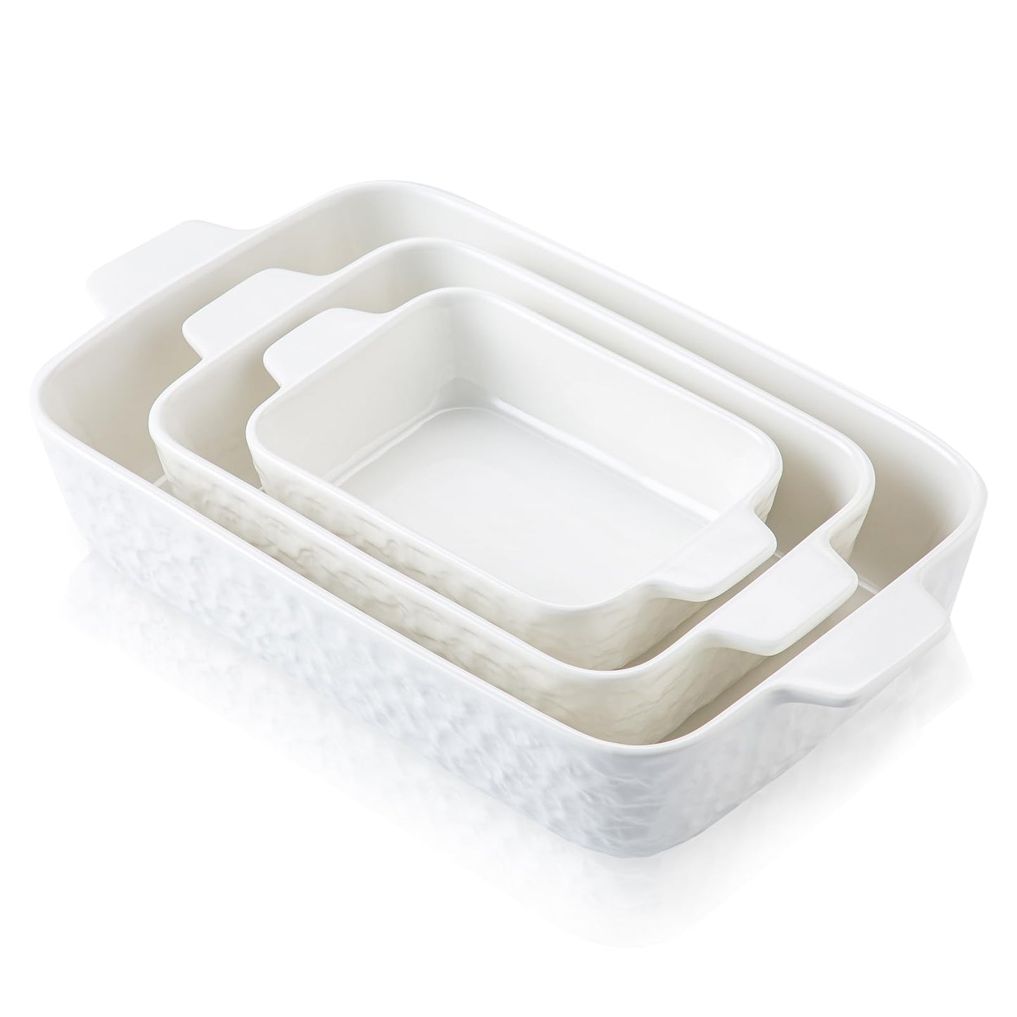 YUN TAO Casserole Dishes for Oven, Porcelain Baking Dishes, Ceramic Bakeware, Rectangular Lasagna Pans Deep with Handles for Baking Cake Kitchen,Cake Dinner,3-Piece (Set of 3, White)