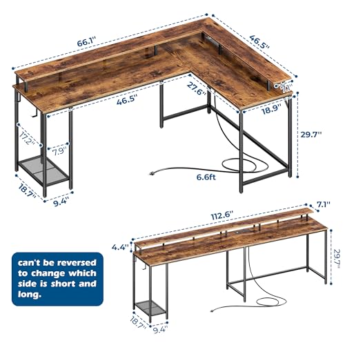 SUPERJARE L Shaped Gaming Desk with Power Outlets & LED Lights, 66 Inch Computer Desk with Monitor Stand & Storage Shelf, Home Office Desk Corner Desk with Hooks, Rustic Brown - WoodArtSupply