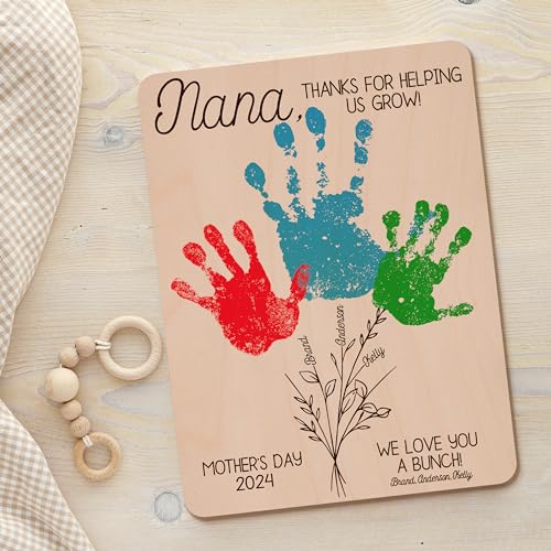 Personalized DIY Flower Handprint Wooden Sign Gifts for Nana & Mom, Customized Mother's Day Wood Wall Art Gift for Grandma & Mama Generic