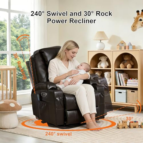 Dual Motor Power Swivel Rocker Recliner Chair for Adults with Heat and Massage,Electric Wall Hugger Glider Rocking Recliner for Nursery Living Room with LED Lights,USB A&C Ports(Brown, Single) DUNELLA