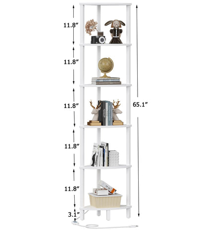 VIMBER Corner Shelf with LED Light, 6-Tier Corner Bookshelf, Industrial Corner Ladder Shelf, Modern Display Shelf for Living Room, Bedroom, Kitchen, Home Office, Sturdy Frame, White UJSJ002W