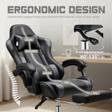 DUMOS Ergonomic Gaming Office Desk Chair with Footrest and Headrest for Adults, PU Leather Video Computer Chair with Linkage Armrests, Height Adjustable 360° Swivel Recling Chair, Black Grey DUMOS