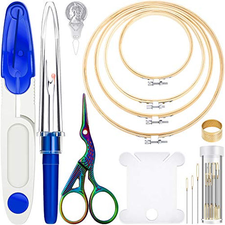 Mudder 53 Pieces Cross Stitch Tool Embroidery Starter Kit Includes Bamboo Circle Cross Stitch Hoop Ring Sewing Scissors Needle Threading Tools Thimbles Floss Bobbins Seam Ripper and Embroidery(Blue) Mudder
