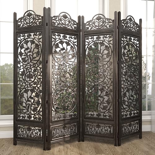 Deco 79 Wood Floral Handmade Partition Room Divider Screen Foldable Partition Carved 4 Panel Privacy Screen, Room Partition 80" x 1" x 72", Black Deco 79
