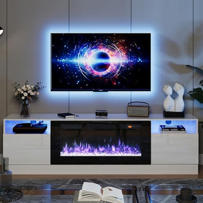 oneinmil Fireplace TV Stand with 36" Electric Fireplace, LED Light Entertainment Center, Modern Wood Texture Highlight Storage Cabinet for TVs Up to 80", 70 inches,White