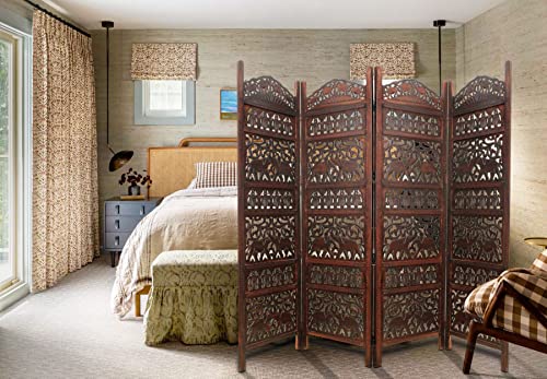 Room Divider Wood Screen - Elephant Hathi Walnut Brown - 4 Panel Fording 72x80 - Intricate Carved Room Décor Boho Portable Partition Privacy Screen Small Spaces Reversible Freestanding - COTTON CRAFT COTTON CRAFT