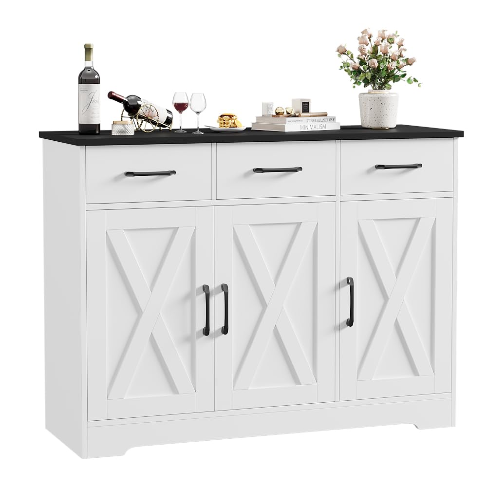 HOSTACK Modern Farmhouse Buffet Sideboard Cabinet, Barn Doors Storage Cabinet with Drawers and Shelves, Wood Coffee Bar Cabinet with Storage for Dining Room, Kitchen, Living Room, White/Black HOSTACK