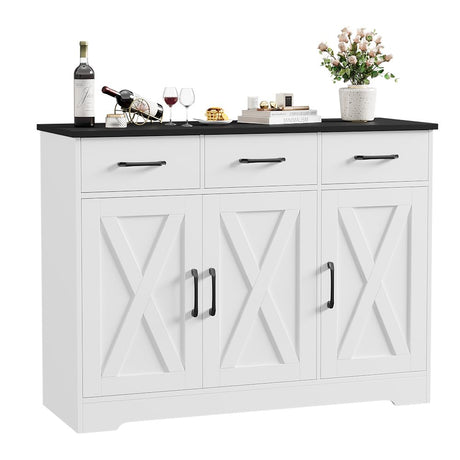 HOSTACK Modern Farmhouse Buffet Sideboard Cabinet, Barn Doors Storage Cabinet with Drawers and Shelves, Wood Coffee Bar Cabinet with Storage for Dining Room, Kitchen, Living Room, White/Black HOSTACK