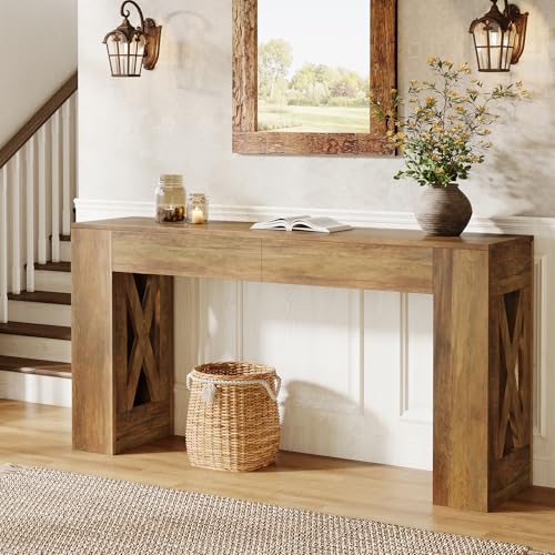 Tribesigns 63-Inch Long Console Table, Farmhouse Entryway Table with 2 Drawers and X-Shaped Legs, Narrow Sofa Furniture Behind The Couch for Entrance, Hallway, Living Room, Warm Brown Tribesigns