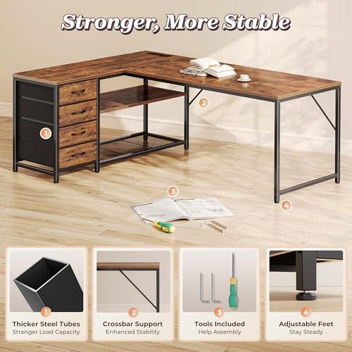 PRAISUN 61" L Shaped Desk with Power Outlets and USB-C Port, Reversible Computer Corner Office Desk with 4 Fabric Drawers and 2 Height-Adjustable Shelves, Large for Gaming Writing Study, Rustic Brown PRAISUN