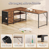PRAISUN 61" L Shaped Desk with Power Outlets and USB-C Port, Reversible Computer Corner Office Desk with 4 Fabric Drawers and 2 Height-Adjustable Shelves, Large for Gaming Writing Study, Rustic Brown PRAISUN