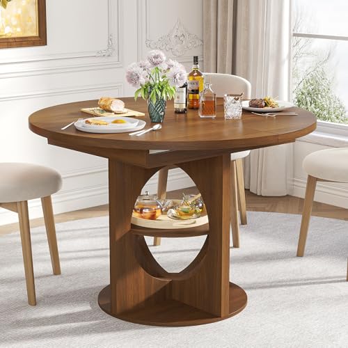 Modern Extendable Round Dining Table for 4-6, 43-59 Inch Oval Dinner Kitchen Table with Storage, Wood Walnut Circle Table with Leaf, Space Saving, for Dining Room, Living Room Xyulmeo