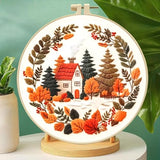 Zhenqing Autumn Cottage Squirrel Embroidery Kit for Beginners - 29x29cm Printed Fabric with Hoop & Full Tools (C0058)