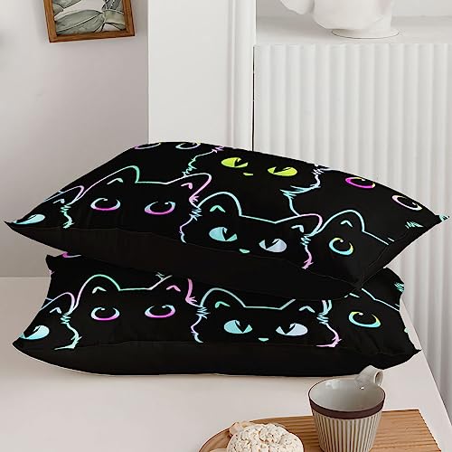 Axolotl Kids Bedding Cute Cat Sheet Set Twin Size, Gradient Line, 4Pcs Kawaii Cat Bed Sets with 1 Fitted Sheet 1 Flat Sheet 2 Pillowcases for Kids Boys Girls Adults Teens, Black Axolotl