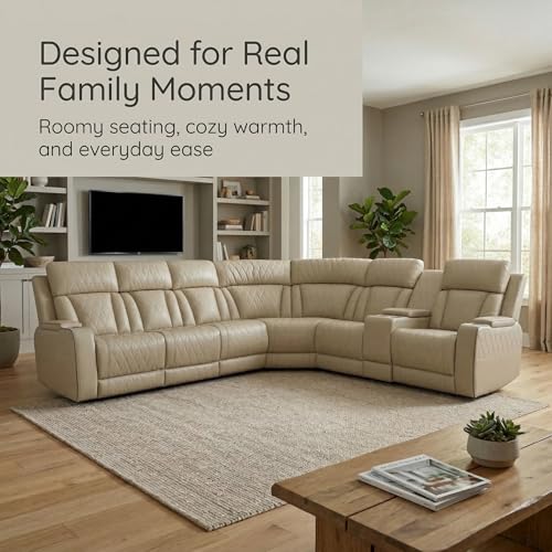 GzhAyyQ Power Reclining Sectional Sofa, Beige Breathing Leather Recliner Couch with LED Light, Cup Holders, Storage Console, Wireless Charging, USB & Type-C for Living Room Home Theater