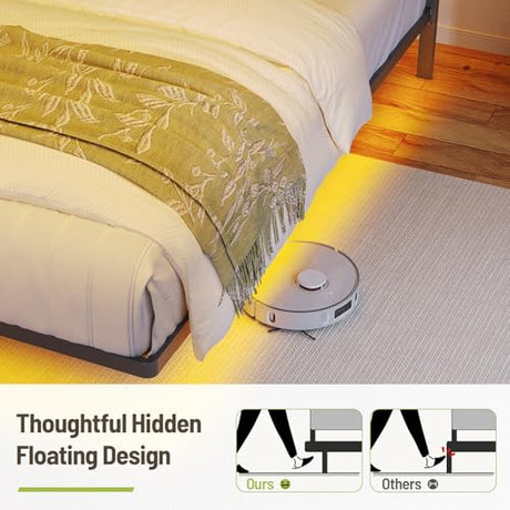 STHYTON Floating Bed Frame Queen, Platform Bed with LED Lights & Charging Station, Ergonomic Storage Headboard, Heavy Duty Metal Slats, No Box Spring Needed, Easy Assembly, Dark Gray STHYTON