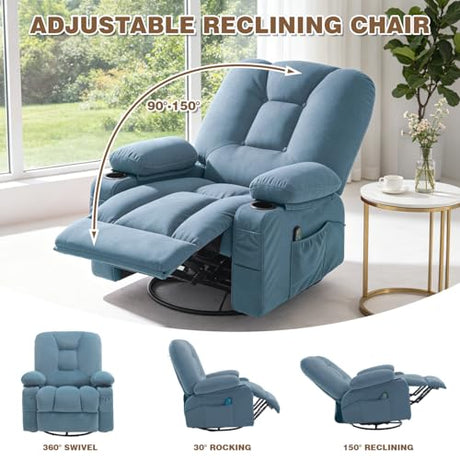 REFICCER Rocker Recliner Chair with Massage and Heat, Fabric Overstuffed Swivel Recliners Glider with Cup Holder Side Pocket, Rocking Reclining Sofa Chair for Adults Living Room, Blue REFICCER