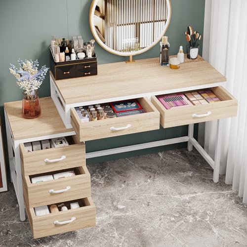 Tribesigns Vanity Desk with 5 Drawers, Makeup Vanity Table Dressing Table with Side 3-Drawer Chest, Make Up Vanities for Women, Girls (Without Tribesigns