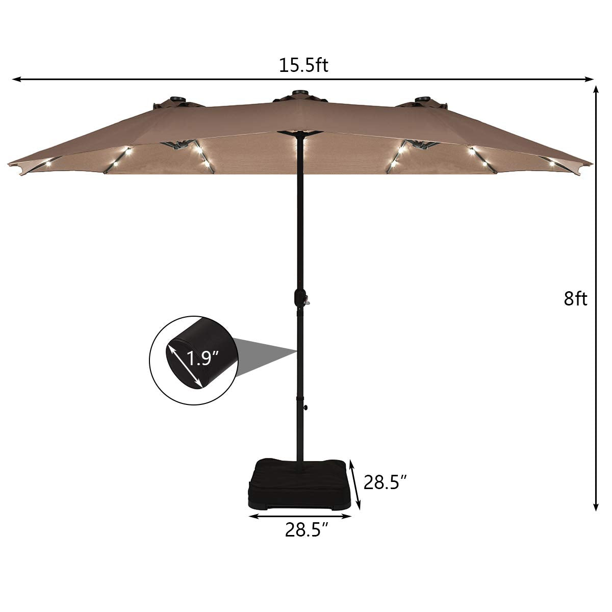 Tangkula 15 Ft Solar LED Patio Double-Sided Umbrella with Base, Outdoor Twin Umbrella, Extra Large Umbrella w/ 36 Solar Powered Lights & Crank System for Garden, Deck, Poolside, Patio (Tan) Tangkula