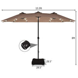 Tangkula 15 Ft Solar LED Patio Double-Sided Umbrella with Base, Outdoor Twin Umbrella, Extra Large Umbrella w/ 36 Solar Powered Lights & Crank System for Garden, Deck, Poolside, Patio (Tan) Tangkula