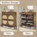 HUAHUU Rattan Shoe Cabinet with 4 Flip Drawers, Storage Cabinets with Adjustable Shelves, Narrow Shoe Cabinet with Metal Legs & Handles for Entryway, Hallway, Organizer, Rustic Oak Rattan HUAHUU