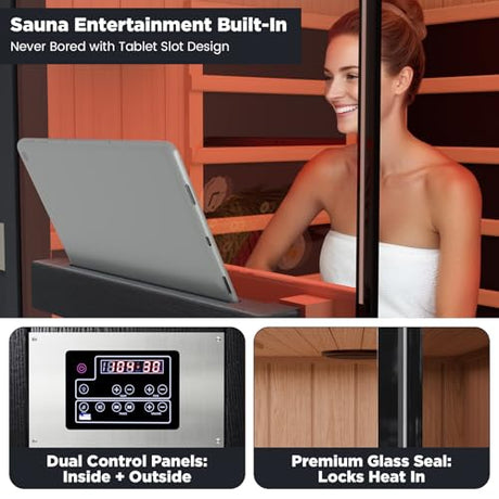 DAIMOT 2-Person Full Spectrum Sauna, 1990W 120V with 12"*12" Red Light Therapy, 2 Speakers, Indoor Dry Sauna for Home & Gym, Canadian Hemlock Wood DAIMOT