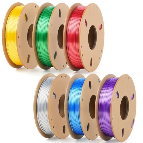 Dynta 3D Printer Filament Bundle, Silk PLA 6 Colors - High Gloss, Super Shiny & Smooth, Beginner-Friendly for Daily DIY, 250gX6 Spools (Gold/Silver/Red/Green/Blue/Purple)
