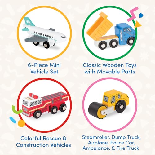 Battat – Miniature Toy Cars – 6Pcs Wooden Minis – Classic Rescue & Construction Vehicles – Steamroller, Dump Truck – 3 Years + – Wooden Vehicles Set 2 Battat