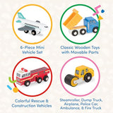 Battat – Miniature Toy Cars – 6Pcs Wooden Minis – Classic Rescue & Construction Vehicles – Steamroller, Dump Truck – 3 Years + – Wooden Vehicles Set 2 Battat