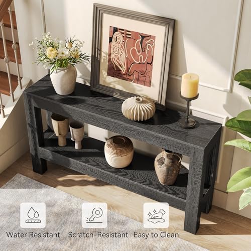LITTLE TREE 63-Inch Black Console Table for Entryway, Narrow Long Wooden Entry Table for Living Room, Hallway, Sofa, Entrance, Foyer, Behind Couch with 2-Tier Storage Shelves LITTLE TREE