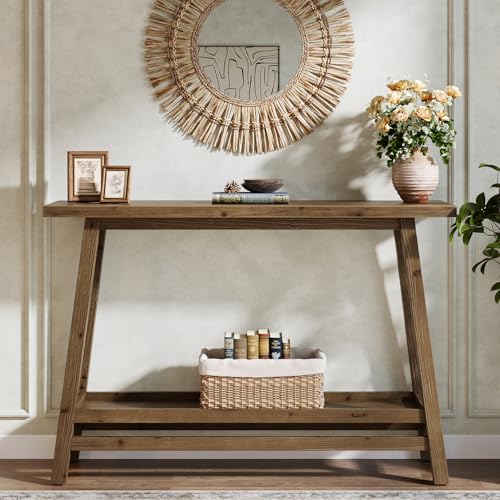TRIBEWOOD 41.3" Farmhouse Console Table, Solid Wood Entryway Table with Storage Shelf, 2 Tiers of Narrow Behind Couch Sofa Furniture for Living Room, Hallway, Foyer, Easy Assembly, Brown TRIBEWOOD
