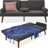 Best Choice Products Mid-Century Modern Upholstered Futon, Convertible Folding Sofa Bed, Small Couch w/Rounded Armrests, 2 Cupholders - Charcoal Best Choice Products