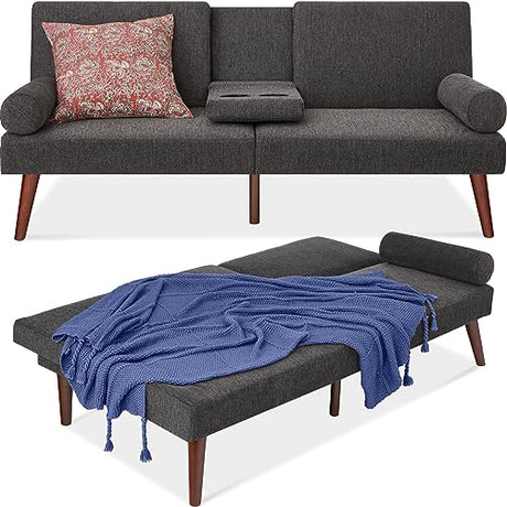 Best Choice Products Mid-Century Modern Upholstered Futon, Convertible Folding Sofa Bed, Small Couch w/Rounded Armrests, 2 Cupholders - Charcoal Best Choice Products